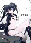  1girl arm_support bangs bikini black_bikini black_choker black_footwear black_hair black_jacket black_rock_shooter black_rock_shooter_(character) black_shorts blue_eyes boots chain choker feet_out_of_frame front-tie_bikini front-tie_top hair_between_eyes highres jacket kitere long_hair long_sleeves looking_at_viewer micro_bikini micro_shorts navel open_clothes open_jacket shorts sitting solo stomach swimsuit twintails white_background 