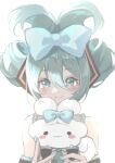  1girl :3 aqua_eyes aqua_hair aqua_necktie bangs bare_shoulders blue_bow blue_nails blush blush_stickers bow cinnamiku cinnamoroll commentary detached_sleeves folded_ponytail hair_bow hatsune_miku highres holding_bunny looking_at_viewer marutani matching_outfit necktie rabbit sanrio smile solo tied_ears twintails updo vocaloid white_background 
