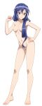  1girl absurdres blue_eyes blue_hair blush breasts breath_(artist) collarbone completely_nude full_body hand_on_hip highres kazanari_tsubasa long_hair looking_at_viewer navel nipples nude pussy senki_zesshou_symphogear shiny shiny_hair shiny_skin small_breasts smile solo standing transparent_background 