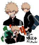  2boys bag bakugou_katsuki black_jacket blonde_hair blue_bag boku_no_hero_academia braces buttons closed_mouth commentary_request gakuran green_hair grin highres jacket long_sleeves looking_at_another looking_at_viewer male_focus midoriya_izuku multiple_boys multiple_views open_mouth pigorone red_eyes school_bag school_uniform short_hair shouting simple_background smile spiked_hair standing teeth white_background 