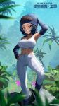  1girl arm_up armpits bare_shoulders beanie black_hair blurry blurry_foreground breasts brown_eyes collarbone copyright copyright_name day elbow_gloves fingerless_gloves fingernails gloves gorilla_(kemono_friends) grin hand_on_headwear hand_on_hip hand_on_own_head hat highres jungle kemono_friends kemono_friends_kingdom large_breasts legs_apart linea_alba looking_at_viewer medium_hair midriff nature navel official_art outdoors pants plant shoes sidelocks smile socks solo sports_bra standing stomach tan toned tree white_pants white_sports_bra zipper_pull_tab 