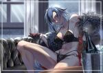  1girl absurdres arlecchino_(genshin_impact) black_bra black_gloves black_hair black_panties blurry blurry_foreground bottle bra breasts cleavage collarbone couch cup drinking_glass framed genshin_impact gloves grey_hair half_gloves highres holding holding_cup ice ice_cube indoors looking_at_viewer medium_breasts multi-strapped_panties multicolored_hair navel open_mouth otak_raptor panties red_eyes red_lips short_hair sideboob sitting solo sparkle two-tone_hair underwear underwear_only wine_bottle wine_glass 