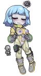 1girl alien bangs blue_hair blunt_bangs boots breasts colored_skin creature_and_personification full_body gloves gray_grunt grey_footwear grey_gloves grey_skin hair_ornament hairclip knee_boots medium_breasts no_nose nyong_nyong personification pouch short_hair simple_background solo standing terraria thigh_strap white_background 