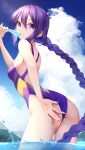  1girl adjusting_clothes adjusting_swimsuit ass blue_sky braid cloud competition_swimsuit day food herigaru_(fvgyvr000) long_hair melty_blood multicolored_clothes multicolored_swimsuit one-piece_swimsuit outdoors partially_underwater_shot popsicle purple_eyes purple_hair purple_swimsuit single_braid sion_eltnam_atlasia sky soaking_feet solo swimsuit tsukihime very_long_hair water 