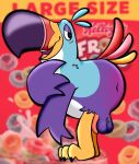  anthro anus avian balls beak bent_over bird blurred_background english_text feathers froot_loops genitals guide_lines hi_res kellogg&#039;s looking_away male mascot narrowed_eyes open_mouth penis salamikii solo tail_feathers teeth text toucan toucan_sam 