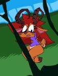  animated anthro bands big_butt brown_body butt clothing curved_horn faun female hair hi_res hooves hopping horn looking_at_viewer red_hair roksim running shirt solo thick_thighs topwear 