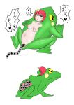  2019 absurd_res all_fours amphibian blush bodily_fluids breasts censored egg female frog genitals green_body hair hi_res human japanese_text looking_up mammal membrane_(anatomy) merging navel nipples oviposition pussy red_hair saeku_100kei simple_background tears text webbed_feet what white_background 