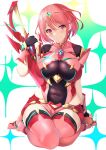  1girl absurdres aegis_sword_(xenoblade) bangs black_gloves breasts chest_jewel daive earrings fingerless_gloves gem gloves headpiece highres jewelry large_breasts pyra_(xenoblade) red_eyes red_hair red_shorts short_hair short_shorts shorts solo swept_bangs sword thighhighs tiara weapon xenoblade_chronicles_(series) xenoblade_chronicles_2 