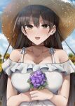  1girl bangs bare_shoulders black_hair blurry blurry_background blush bouquet breasts brown_eyes cleavage collarbone commentary_request dress ear_piercing earrings flower hat highres holding holding_bouquet jewelry large_breasts lips long_hair looking_at_viewer necklace off-shoulder_dress off_shoulder open_mouth original outdoors piercing purple_flower ryouma_(galley) solo straw_hat sunflower tongue very_long_hair 