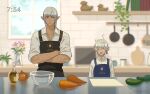  2boys apron bangs blurry blurry_background bowl carrot child closed_eyes commentary_request dark-skinned_male dark_skin earrings food frying_pan jewelry kitchen komoshita male_focus multiple_boys oil onion original pointy_ears scar scar_on_arm single_earring table vegetable white_hair 