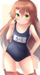  1girl aru_(arudes) bangs blue_swimsuit blush border brown_hair closed_mouth clothes_pull collarbone commentary_request covered_navel finger_to_cheek gradient gradient_background green_eyes hair_between_eyes hand_on_hip highres koshigaya_komari long_hair looking_at_viewer non_non_biyori one-piece_swimsuit red_shorts school_swimsuit shorts shorts_pull smile solo swimsuit thighs white_border 