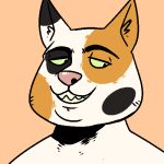  1:1 anthro black_body black_ears black_eyebrows black_fur bust_portrait domestic_cat eyebrows felid feline felis front_view fur glistening glistening_nose grin imperatorcaesar inner_ear_fluff looking_aside low_res male mammal narrowed_eyes orange_background orange_body orange_ears orange_fur orange_inner_ear_fluff pink_nose portrait simple_background smile solo tuft white_body white_ears white_fur white_inner_ear_fluff 