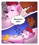  absurd_res anthro bed canid canine clothed clothing comic dialogue duo english_text erection eyes_closed fur furniture hair hi_res lizard lying male male/male mammal multicolored_body multicolored_fur nikraccoom on_back on_bed open_mouth orange_body paws pink_body pink_fur profanity red_hair reptile scalie simple_background sleeping smile sound_effects text two_tone_body two_tone_fur underwear underwear_only white_body white_fur zzz 