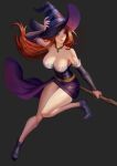  ankle_boots boots breasts choker cleavage detached_sleeves dragon&#039;s_crown dress grey_background hat hat_over_one_eye highres huge_breasts jewelry pendant phamoz purple_eyes purple_nails red_hair side_slit sorceress_(dragon&#039;s_crown) staff strapless strapless_dress witch_hat 