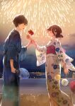  1boy 1girl blue_eyes blue_kimono blush brown_eyes brown_hair bunny_hair_ornament candy_apple couple eye_contact fireworks floral_print flower food from_side hair_flower hair_ornament highres holding holding_another&#039;s_wrist japanese_clothes kimono long_sleeves looking_at_another night obi original print_kimono profile sash short_hair striped striped_kimono summer_festival tasuku_(otomebotan) vertical-striped_kimono vertical_stripes white_flower white_kimono wide_sleeves yukata 