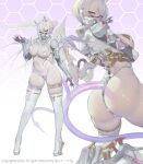  1girl armor ass bangs bodysuit breasts covered_nipples hand_up highres horns large_breasts looking_at_viewer mask mecha mouth_mask multiple_views original plugsuit purple_eyes red_eyes revealing_clothes robot short_hair skin_tight skindentation suerte tail thick_eyebrows thick_thighs thigh_strap thighhighs thighs white_thighhighs 