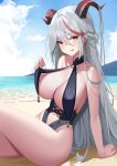  1girl :q absurdres aegir_(azur_lane) arm_support azur_lane bare_arms beach bikini_lift blue_sky blush breasts cleavage clothes_lift clothing_cutout cloud cloudy_sky collarbone cross-laced_clothes crossed_legs day earrings hair_on_horn highleg highleg_swimsuit highres horns jewelry large_breasts long_hair looking_at_viewer multicolored_hair narrow_waist navel ocean orange_eyes outdoors re-leaf red_hair revealing_clothes sitting sky solo streaked_hair swimsuit thighs tongue tongue_out very_long_hair white_hair 