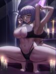  1girl absurdres arm_up armpits bare_arms bare_legs bare_shoulders barefoot bikini black_bikini breasts candle chromatic_aberration cleavage criss-cross_halter fate/grand_order fate_(series) fellatio_gesture glasses grey_hair halterneck hand_up highres jacques_de_molay_(foreigner)_(fate) large_breasts lkdv looking_at_viewer multi-strapped_bikini navel open_mouth purple_eyes reflection rimless_eyewear short_hair solo squatting stomach sweat swimsuit thighs tongue tongue_out 
