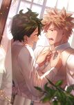 2boys absurdres adjusting_bow bakugou_katsuki blonde_hair boku_no_hero_academia bouquet bow bowtie closed_eyes collared_shirt commentary day flower formal freckles green_hair hand_up highres indoors long_sleeves looking_at_another male_focus midoriya_izuku multiple_boys namarigenshi open_mouth pink_bow pink_bowtie red_eyes rose scar scar_on_hand shirt short_hair spiked_hair standing suit traditional_bowtie vest watch white_shirt white_suit window yaoi 