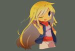  1girl alternate_costume blonde_hair commentary_request hair_down head_tilt highres jacket long_hair messy_hair neckerchief pointy_ears purple_shirt red_neckerchief shirt signature sleeveless sleeveless_jacket smile solo tan tetra the_legend_of_zelda the_legend_of_zelda:_the_wind_waker tokuura upper_body very_long_hair 