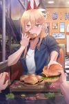  2girls 4boys aqua_(konosuba) blonde_hair burger cameo chainsaw_man crosshair_pupils eating food highres holding holding_food horns kono_subarashii_sekai_ni_shukufuku_wo! long_hair looking_at_viewer multiple_boys multiple_girls police pov pov_across_table pov_hands power_(chainsaw_man) rappa red_horns restaurant satou_kazuma sky solo_focus star_(sky) starry_sky sunset table tile_floor tiles upper_body window 