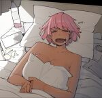  1girl bed bottle breasts calculator cellphone charger cleavage closed_eyes drooling ohasi open_mouth original phone pink_(ohasi) pink_hair short_hair sleeping smartphone under_covers 