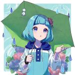  1girl :o bangs blue_eyes blue_hair blunt_bangs blush flower holding holding_umbrella hood hoodie hydrangea long_sleeves looking_up minogi1029 multicolored_hair open_mouth original rain ripples see-through see-through_sleeves short_hair solo streaked_hair teruterubouzu thick_eyebrows umbrella water_drop 