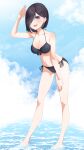  1girl absurdres bangs bikini black_bikini blue_sky breasts cleavage cloud front-tie_bikini front-tie_top full_body godai_01 hair_over_one_eye highres large_breasts leaning_forward long_bangs looking_at_viewer original side-tie_bikini sky soaking_feet solo standing swimsuit 