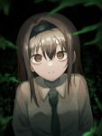  1girl absurdres bags_under_eyes bangs brown_eyes brown_hair collared_shirt forest hair_intakes hairband highres kkamkkam long_hair looking_at_viewer looking_up nature necktie original parted_lips shirt solo 