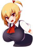  1girl black_vest blonde_hair bouncing_breasts breasts collared_shirt fang highres huge_breasts necktie oppai_loli pointy_ears red_eyes red_necktie red_ribbon ribbon rumia shirt simple_background solo touhou vest white_background white_shirt xialu_zajin 