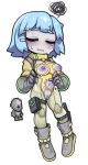  1girl alien bangs blue_hair blunt_bangs boots breasts colored_skin creature_and_personification full_body gloves gray_grunt grey_footwear grey_gloves grey_skin hair_ornament hairclip knee_boots medium_breasts no_nose nyong_nyong personification pouch short_hair simple_background solo standing terraria thigh_strap white_background 