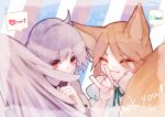  2girls :3 ahoge bangs closed_eyes covered_mouth english_text eyes_visible_through_hair fox_shadow_puppet hand_up heart kishin_sagume kudamaki_tsukasa late_(late327) looking_at_viewer multiple_girls simple_background speech_bubble spoken_blush spoken_heart touhou upper_body 