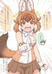  animal_ears bare_shoulders bow bowtie brown_eyes brown_hair brown_shirt brown_skirt bucket_hat captain_(kemono_friends) commentary_request cowboy_shot dhole_(kemono_friends) dog_ears dog_girl dog_tail extra_ears gloves hat kemomimizuku kemono_friends kemono_friends_3 multicolored_hair open_mouth pleated_skirt shirt short_hair skirt sleeveless tail translation_request two-tone_hair white_bow white_bowtie white_gloves white_hair white_shirt 