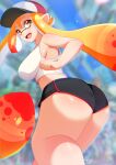  1girl ass bike_shorts breasts crop_top curvy highres inkling large_breasts open_mouth orange_hair plump pointy_ears shirt solo splatoon_(series) squid suction_cups tentacle_hair thighs tiger1001 white_shirt 