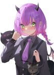  1girl animal bag bangs bibi_(tokoyami_towa) blush braid cat demon_girl demon_horns demon_wings ear_piercing green_eyes hair_ornament hairclip highres hololive horns jmao long_hair long_sleeves looking_at_viewer necktie piercing pointy_ears purple_hair purple_necktie school_bag simple_background solo tokoyami_towa twin_braids virtual_youtuber white_background wings 