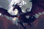  black_dragon_kalameet black_skin cloud colored_skin dark_souls_(series) dark_souls_i dragon flying glowing glowing_eyes highres horns no_humans outdoors philipp_urlich pixel_art red_eyes solo wings 