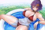 abs alcohol beer bikini blue_hair blush breasts from_above grass hair_ornament large_breasts leaf lying maple_leaf momendoufu pool red_bikini red_eyes red_swimsuit spread_legs sweat swimsuit touhou water yasaka_kanako 