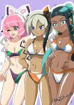  3girls absurdres aqua_eyes bangs bare_arms bare_legs bare_shoulders bea_(pokemon) bikini black_hair blue_eyes blue_eyeshadow blush bob_cut bra breasts cleavage dark-skinned_female dark_skin earrings eyeshadow grey_eyes grey_hair hair_between_eyes hand_on_hip highres jewelry klara_(pokemon) long_hair makeup midriff mole mole_under_mouth multicolored_hair multiple_girls navel nessa_(pokemon) pink_eyes pink_eyeshadow pink_hair pokemon pokemon_(game) pokemon_swsh purple_eyes short_hair strapless strapless_bra swimsuit underwear user_txaj3324 