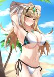  1girl absurdres armpits arms_up bangs beach bikini blonde_hair blush breasts chest_jewel cleavage closed_mouth ega-chan gem hair_ornament headpiece highres jewelry large_breasts light_frown long_hair looking_at_viewer mythra_(xenoblade) navel nintendo ocean palm_tree pose shirt shy side-tie_bikini solo swept_bangs swimsuit tiara tree tsundere undressing wet white_bikini white_shirt xenoblade_chronicles_(series) xenoblade_chronicles_2 yellow_eyes 