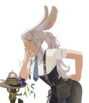  1girl animal_ears bag bell blue_necktie brown_bag final_fantasy final_fantasy_xiv flower grey_background grey_eyes grey_hair hand_on_hip head_rest highres lanhacy leaning leaning_on_object long_hair mole mole_under_mouth necktie parted_lips plant ponytail purple_flower rabbit_ears simple_background smile solo teeth viera 
