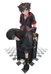 1boy baggy_pants belt belt_buckle black_pants blue_eyes brown_hair buckle chain_necklace checkered_floor full_body hair_between_eyes highres hood hood_down hooded_jacket jacket jewelry kingdom_hearts kingdom_hearts_iii leaning_on_object leg_up looking_at_viewer male_focus necklace pants short_hair short_sleeves soji_777 solo sora_(kingdom_hearts) spiked_hair white_background 