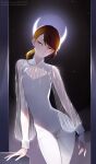 1other androgynous arm_rest bangs blonde_hair cleavage_cutout clothing_cutout collared_shirt contrapposto crossed_legs esthesiaan expressionless half-closed_eyes head_tilt highres houseki_no_kuni light long_sleeves moon moon_uniform_(houseki_no_kuni) multicolored_hair narrow_waist other_focus parted_bangs pixie_cut rainbow red_hair rutile_(houseki_no_kuni) see-through see-through_sleeves shirt short_hair short_jumpsuit short_shorts shorts sleeve_cuffs solo standing swept_bangs two-tone_hair wide_sleeves 
