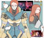  1girl apex_legends armor ash_(titanfall_2) ash_(titanfall_2)_(cosplay) ashleigh_reid blue_eyes breastplate cable cosplay english_text hair_behind_ear headset heart highres kagaya_(oshiriudon) long_hair looking_at_viewer looking_to_the_side mask mouse multiple_views orange_hair stab 