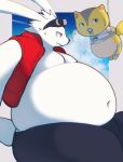  anthro belly big_belly bodily_fluids clothed clothing duo fur hi_res king_kazma lagomorph leporid long_ears male mammal overweight overweight_anthro overweight_male polly_possum rabbit red_eyes rodent sciurid summer_wars sweat sweatdrop taka_fin9623 white_body white_fur 