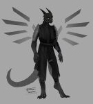 2022 absurd_res anthro armor black_body cape claws clothed clothing digital_media_(artwork) full-length_portrait hi_res horn looking_at_viewer male metal_tail metallic_wings neoprene portrait scales scar simple_background solo thal_verscholen torn_clothing wanderertamplior wings yellow_eyes 