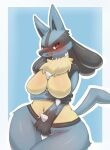  anthro blue_background blue_body blush bodily_fluids breasts featureless_breasts female hi_res looking_at_viewer lucario nintendo pok&eacute;mon pok&eacute;mon_(species) red_eyes simple_background solo sweat video_games yellow_body 