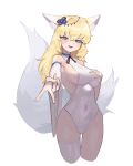  1girl absurdres animal_ear_fluff animal_ears blonde_hair blue_eyes blush boridongja breasts character_request copyright_request covered_navel detached_sleeves hair_ornament hand_on_own_chest highres open_mouth sideboob single_thighhigh smile solo tail thighhighs v 
