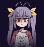  1girl :&lt; blush casual closed_mouth clothes_writing commentary_request expressionless hair_between_eyes hair_ribbon kare looking_at_viewer miyauchi_renge non_non_biyori purple_hair red_eyes ribbon shirt short_sleeves solo t-shirt translation_request twintails upper_body 