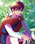  1boy belt bench blue_eyes blue_tunic blurry blurry_foreground brooch brown_hair butz_klauser cape cowboy_shot cup final_fantasy final_fantasy_v foliage hair_between_eyes holding holding_cup jewelry leaf leaning_forward long_sleeves looking_at_viewer male_focus open_collar outdoors pants red_cape sanroku_3 shirt short_sleeves sitting smile solo twitter_username white_pants white_shirt 