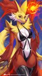  2022 alanscampos anthro clothing delphox digital_media_(artwork) eyebrows female fingers hi_res holding_object legwear looking_at_viewer mammal nintendo pok&eacute;mon pok&eacute;mon_(species) solo text url video_games 